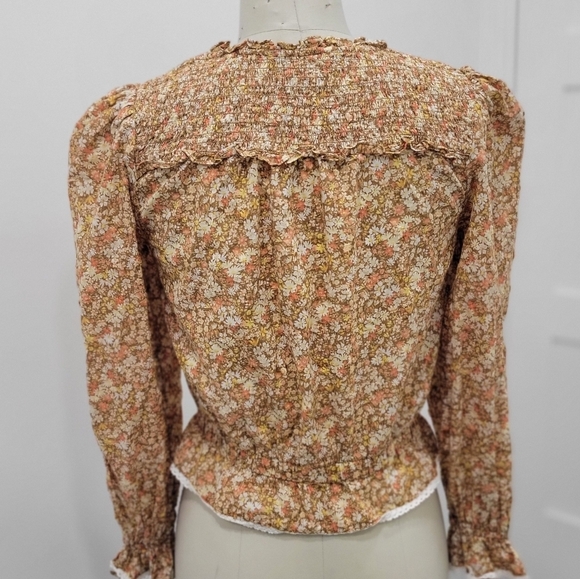 American Eagle Boho Floral Smock Detail Tie Neck Longsleeve Blouse Size S - Picture 2 of 11